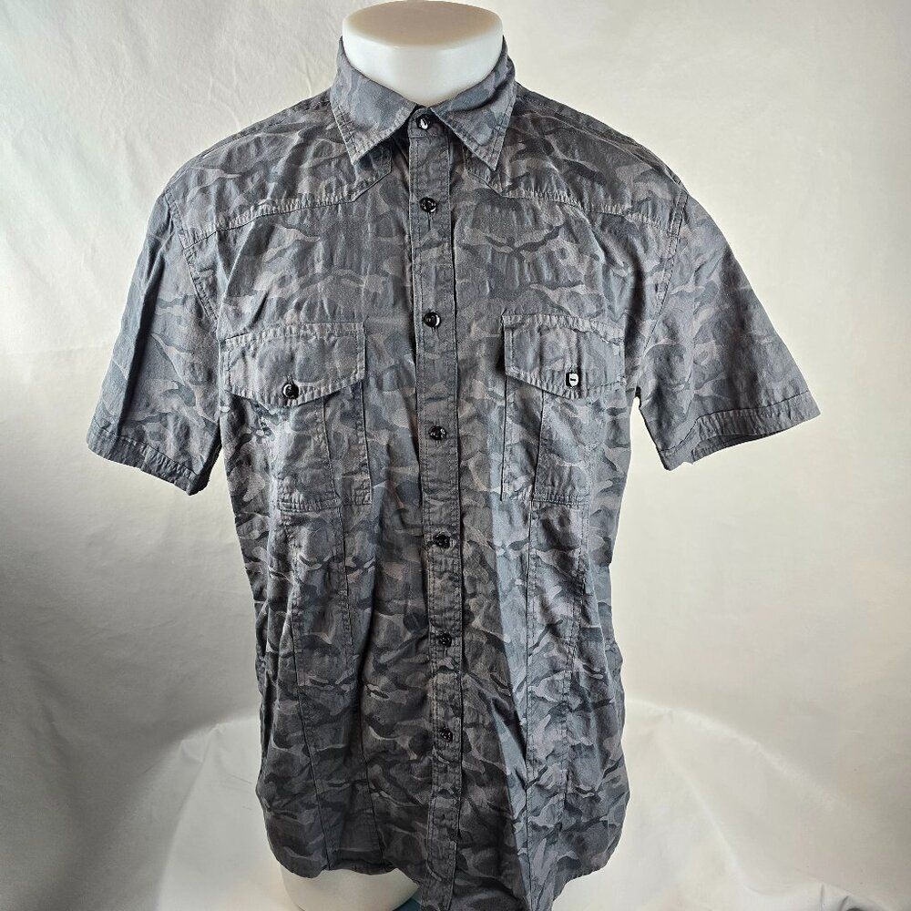 INC International Shirt Mens Large Grey Button Up Camouflage Pockets Rockabilly